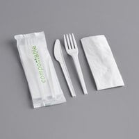 EcoChoice Wrapped Heavy Weight Compostable 6 1/2" White CPLA Knife, Fork, and Napkin - 250/Case