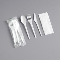 EcoChoice Wrapped Heavy Weight Compostable 6 1/2" White CPLA Knife, Fork, Spoon, and Napkin - 250/Case