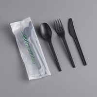 EcoChoice Wrapped Heavy Weight Compostable 6 1/2 inch Black CPLA Knife, Fork, and Spoon - 250/Case