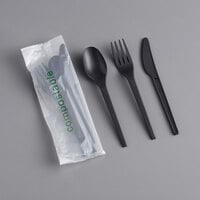 Restaurantware Black Plastic Utensil / Flatware / Cutlery Set - CPLA - Heat-Resistant - Compostable - Disposable - with Napkin - 100ct Box - Basic