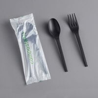 Restaurantware Black Plastic Utensil / Flatware / Cutlery Set - CPLA - Heat-Resistant - Compostable - Disposable - with Napkin - 100ct Box - Basic