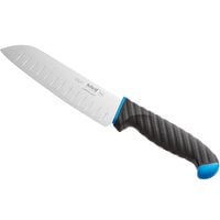 Schraf 7 inch Granton Edge Santoku Knife with Blue TPRgrip Handle