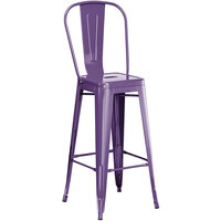 Lancaster Table & Seating Alloy Series Purple Metal Indoor / Outdoor Industrial Cafe Barstool with Vertical Slat Back and Drain Hole Seat