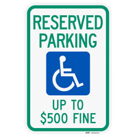 Lavex Industrial Handicapped Reserved Parking / Up To $500 Fine Engineer Grade Reflective Green / Blue Aluminum Sign - 12 inch x 18 inch