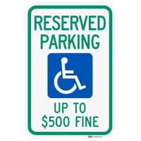Lavex "Handicapped Reserved Parking / Up To $500 Fine" Reflective Green / Blue Aluminum Sign - 12" x 18"