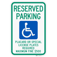 Lavex Industrial Handicapped Reserved Parking / Placard Or Special License Plates Required Engineer Grade Reflective Green / Blue Aluminum Sign - 12 inch x 18 inch