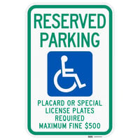 Lavex "Handicapped Reserved Parking / Placard Or Special License Plates Required" Reflective Green / Blue Aluminum Sign - 12" x 18"