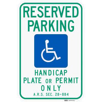 Lavex "Reserved Parking / Handicap Plate Or Permit Only" Reflective Green / Blue Aluminum Sign - 12" x 18"