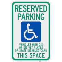 Lavex "Handicapped Reserved Parking / Vehicles With Dis Or Dis Vet Plates" Reflective Green / Blue Aluminum Sign - 12" x 18"