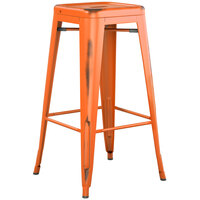 Lancaster Table & Seating Alloy Series Distressed Orange Stackable Metal Indoor / Outdoor Industrial Barstool with Drain Hole Seat