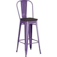 Lancaster Table & Seating Alloy Series Purple Metal Indoor Industrial Cafe Bar Height Stool with Vertical Slat Back and Black Wood Seat