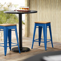 Lancaster Table & Seating Alloy Series Blue Metal Indoor Industrial Cafe Counter Height Stool with Natural Wood Seat