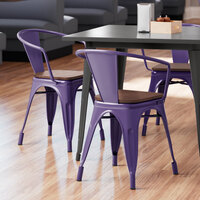 Lancaster Table & Seating Alloy Series Purple Metal Indoor Industrial Cafe Arm Chair with Walnut Wood Seat