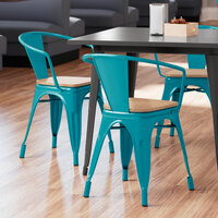 Lancaster Table & Seating Alloy Series Teal Metal Indoor Industrial Cafe Arm Chair with Natural Wood Seat
