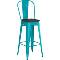 Lancaster Table & Seating Alloy Series Teal Metal Indoor Industrial Cafe Bar Height Stool with Vertical Slat Back and Black Wood Seat