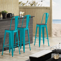 Lancaster Table & Seating Alloy Series Teal Metal Indoor Industrial Cafe Bar Height Stool with Vertical Slat Back and Black Wood Seat
