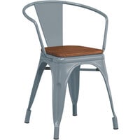 Lancaster Table & Seating Alloy Series Charcoal Metal Indoor Industrial Cafe Arm Chair with Walnut Wood Seat