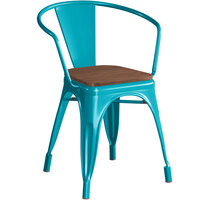 Lancaster Table & Seating Alloy Series Teal Metal Indoor Industrial Cafe Arm Chair with Walnut Wood Seat