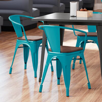 Lancaster Table & Seating Alloy Series Teal Metal Indoor Industrial Cafe Arm Chair with Walnut Wood Seat