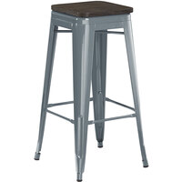 Lancaster Table & Seating Alloy Series Charcoal Metal Indoor Industrial Cafe Bar Height Stool with Black Wood Seat