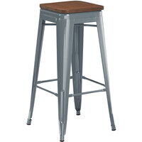 Lancaster Table & Seating Alloy Series Charcoal Metal Indoor Industrial Cafe Bar Height Stool with Walnut Wood Seat