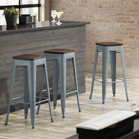 Lancaster Table & Seating Alloy Series Charcoal Metal Indoor Industrial Cafe Bar Height Stool with Walnut Wood Seat