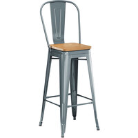Lancaster Table & Seating Alloy Series Charcoal Metal Indoor Industrial Cafe Bar Height Stool with Vertical Slat Back and Natural Wood Seat