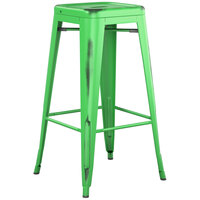 Lancaster Table & Seating Alloy Series Distressed Green Stackable Metal Indoor / Outdoor Industrial Barstool with Drain Hole Seat
