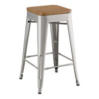 Lancaster Table & Seating Alloy Series Clear Coat Indoor Backless Counter Height Stool with Walnut Wood Seat