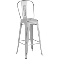 Lancaster Table & Seating Alloy Series Distressed Silver Metal Indoor / Outdoor Industrial Cafe Barstool with Vertical Slat Back and Drain Hole Seat