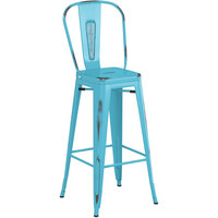 Lancaster Table & Seating Alloy Series Distressed Arctic Blue Metal Indoor / Outdoor Industrial Cafe Barstool with Vertical Slat Back and Drain Hole Seat