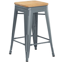 Lancaster Table & Seating Alloy Series Charcoal Metal Indoor Industrial Cafe Counter Height Stool with Natural Wood Seat