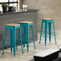 Lancaster Table & Seating Alloy Series Teal Metal Indoor Industrial Cafe Bar Height Stool with Natural Wood Seat