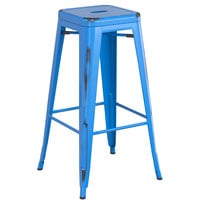 Lancaster Table & Seating Alloy Series Distressed Blue Stackable Metal Indoor / Outdoor Industrial Barstool with Drain Hole Seat