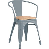 Lancaster Table & Seating Alloy Series Charcoal Metal Indoor Industrial Cafe Arm Chair with Natural Wood Seat