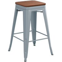 Lancaster Table & Seating Alloy Series Charcoal Metal Indoor Industrial Cafe Counter Height Stool with Walnut Wood Seat