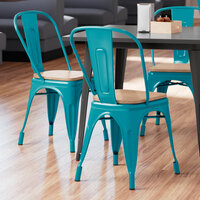 Lancaster Table & Seating Alloy Series Teal Metal Indoor Industrial Cafe Chair with Vertical Slat Back and Natural Wood Seat