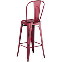 Lancaster Table & Seating Alloy Series Distressed Sangria Metal Indoor / Outdoor Industrial Cafe Barstool with Vertical Slat Back and Drain Hole Seat