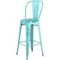 Lancaster Table & Seating Alloy Series Distressed Seafoam Metal Indoor / Outdoor Industrial Cafe Barstool with Vertical Slat Back and Drain Hole Seat