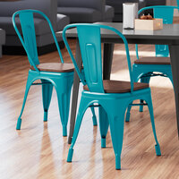 Lancaster Table & Seating Alloy Series Teal Metal Indoor Industrial Cafe Chair with Vertical Slat Back and Walnut Wood Seat