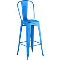 Lancaster Table & Seating Alloy Series Distressed Blue Metal Indoor / Outdoor Industrial Cafe Barstool with Vertical Slat Back and Drain Hole Seat