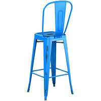 Lancaster Table & Seating Alloy Series Distressed Blue Metal Indoor / Outdoor Industrial Cafe Barstool with Vertical Slat Back and Drain Hole Seat