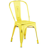 Lancaster Table & Seating Alloy Series Distressed Yellow Metal Indoor / Outdoor Industrial Cafe Chair with Vertical Slat Back and Drain Hole Seat