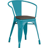 Lancaster Table & Seating Alloy Series Teal Metal Indoor Industrial Cafe Arm Chair with Black Wood Seat
