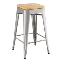 Lancaster Table & Seating Alloy Series Clear Coat Indoor Backless Counter Height Stool with Natural Wood Seat