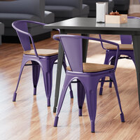 Lancaster Table & Seating Alloy Series Purple Metal Indoor Industrial Cafe Arm Chair with Natural Wood Seat