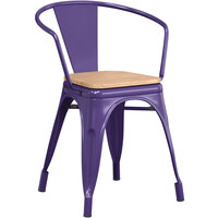 Lancaster Table & Seating Alloy Series Purple Metal Indoor Industrial Cafe Arm Chair with Natural Wood Seat