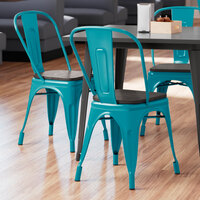 Lancaster Table & Seating Alloy Series Teal Metal Indoor Industrial Cafe Chair with Vertical Slat Back and Black Wood Seat