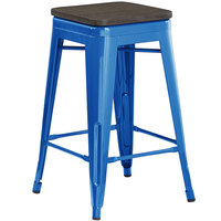 Lancaster Table & Seating Alloy Series Blue Metal Indoor Industrial Cafe Counter Height Stool with Black Wood Seat