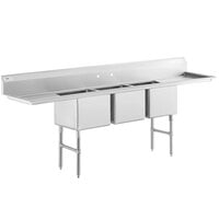 Regency 106 inch 16 Gauge Stainless Steel Three Compartment Commercial Sink with Stainless Steel Legs, Cross Bracing, and 2 Drainboards - 18 inch x 18 inch x 14 inch Bowls